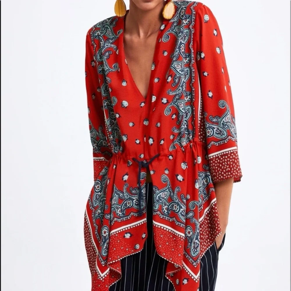 Zara Asymmetric Boho Bandana Paisley Tie Front Top - Picture 2 of 12